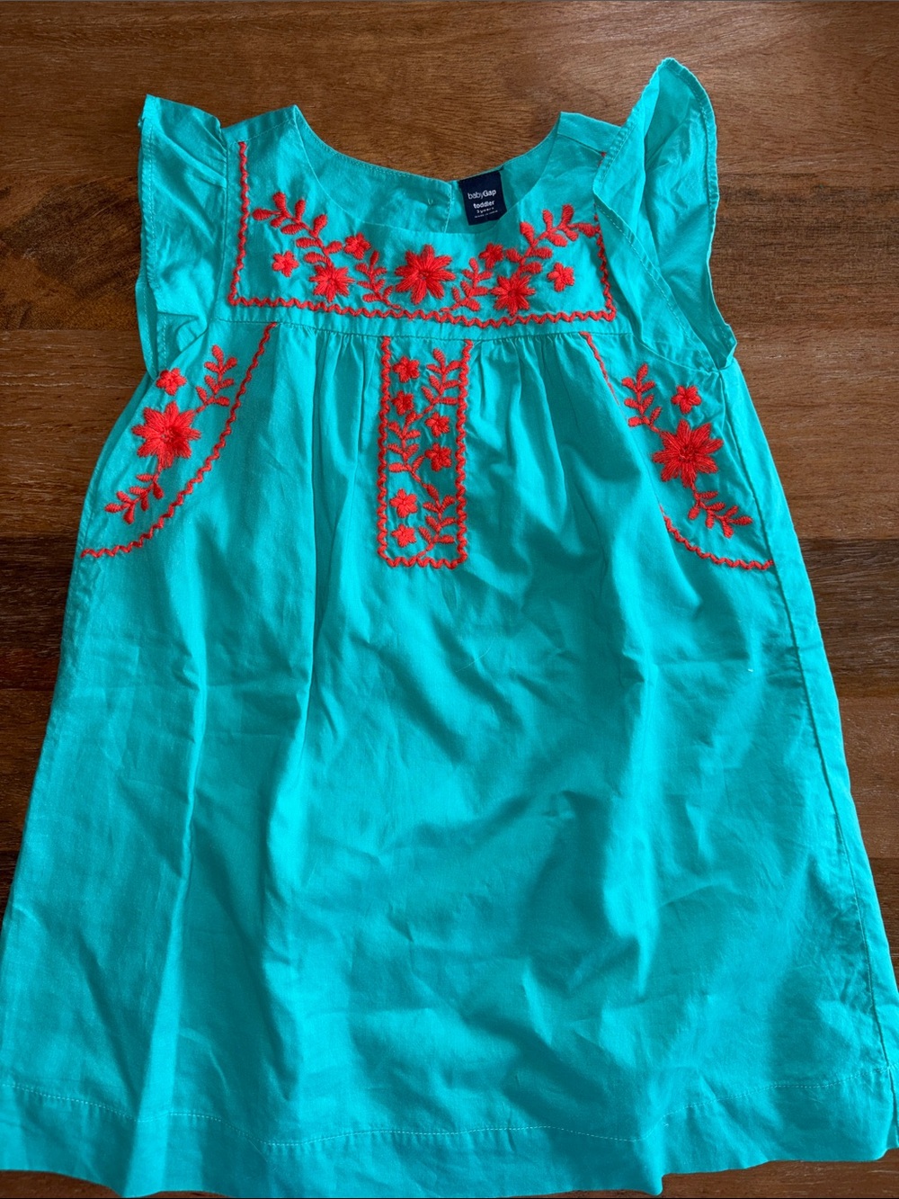 GAP Girls Turquoise Dress with Red Floral Embroidery